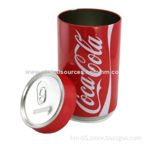 Money boxes for Cola, 0.23mm Thickness of Tinplate, OEM Designs are Welcome